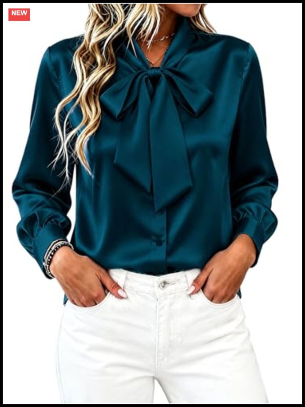 Satin Button Down Blouse Bow Tie Neck Long Sleeve Dressy Business Top
